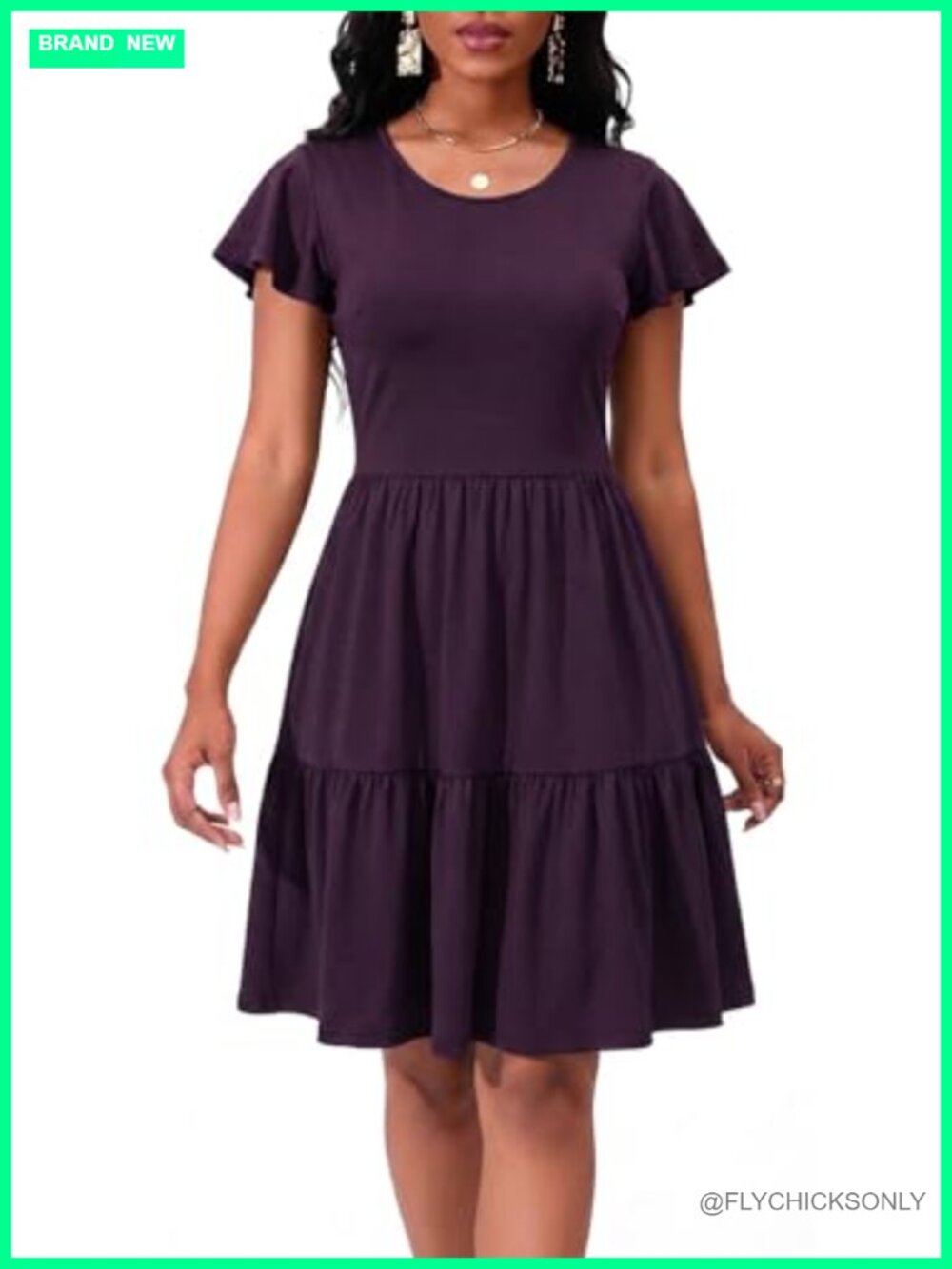 Women's Short Sleeve Midi Dress Ruffle Tiered A-Line Swing